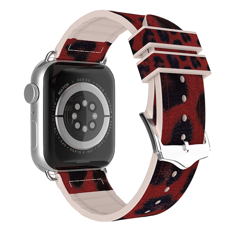 For Apple Watch Series 1 2 3 42mm SE Series 4 5 6 44mm Series 7 45mm Series 8 45mm Leopard Pattern Wrist Strap Silicone Coated Leather Smart Watch Band
