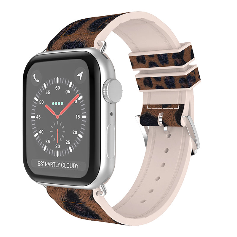 For Apple Watch Series 1 2 3 42mm SE Series 4 5 6 44mm Series 7 45mm Series 8 45mm Leopard Pattern Wrist Strap Silicone Coated Leather Smart Watch Band