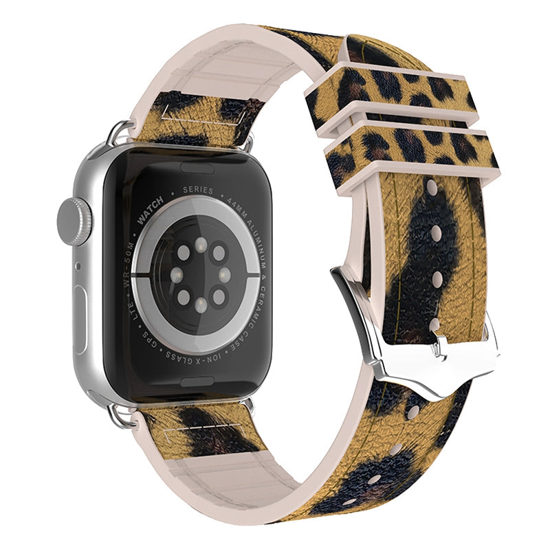 For Apple Watch Series 1 2 3 42mm SE Series 4 5 6 44mm Series 7 45mm Series 8 45mm Leopard Pattern Wrist Strap Silicone Coated Leather Smart Watch Band
