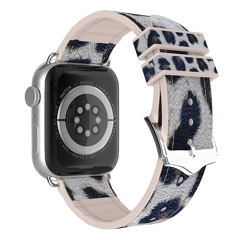 For Apple Watch Series 1 2 3 42mm SE Series 4 5 6 44mm Series 7 45mm Series 8 45mm Leopard Pattern Wrist Strap Silicone Coated Leather Smart Watch Band