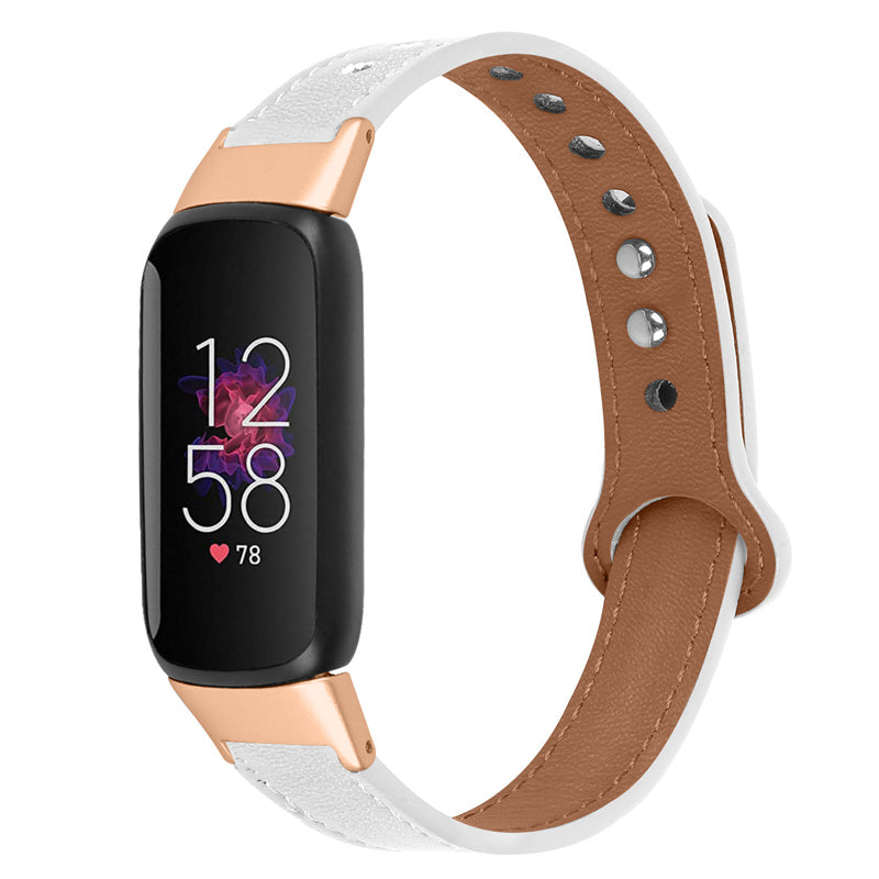 For Fitbit Luxe Smart Watch Adjustable Top Layer Cowhide Strap Replacement Wrist Band with Double Rivet Rose Gold Connector
