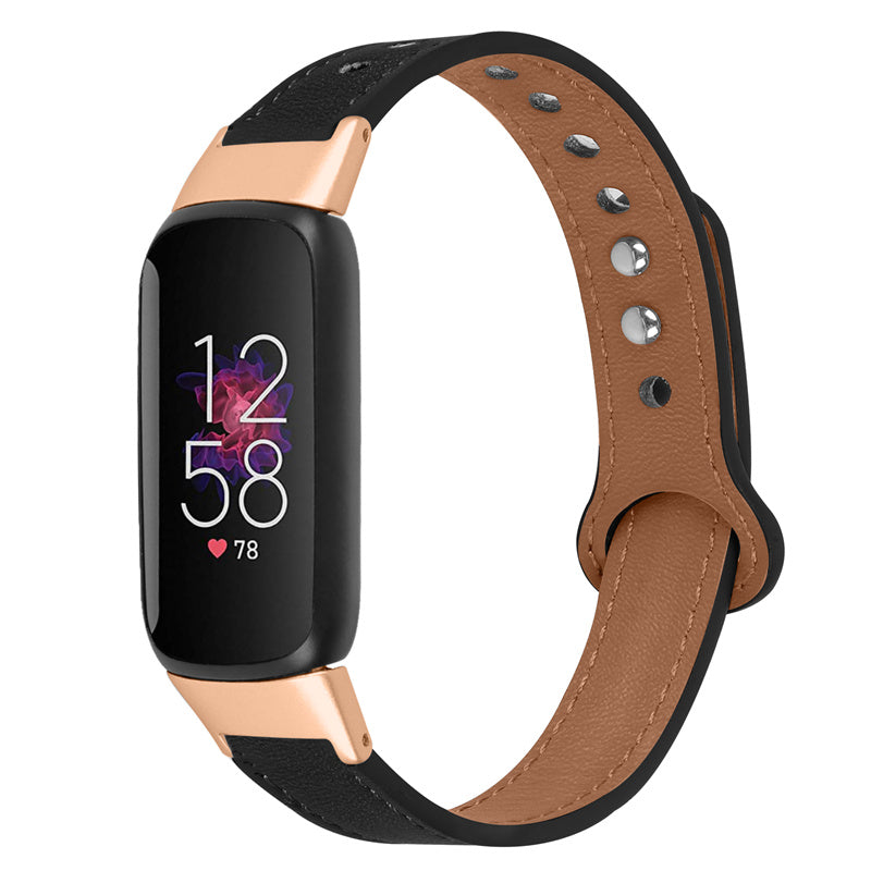 For Fitbit Luxe Smart Watch Adjustable Top Layer Cowhide Strap Replacement Wrist Band with Double Rivet Rose Gold Connector