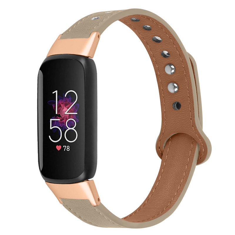 For Fitbit Luxe Smart Watch Adjustable Top Layer Cowhide Strap Replacement Wrist Band with Double Rivet Rose Gold Connector