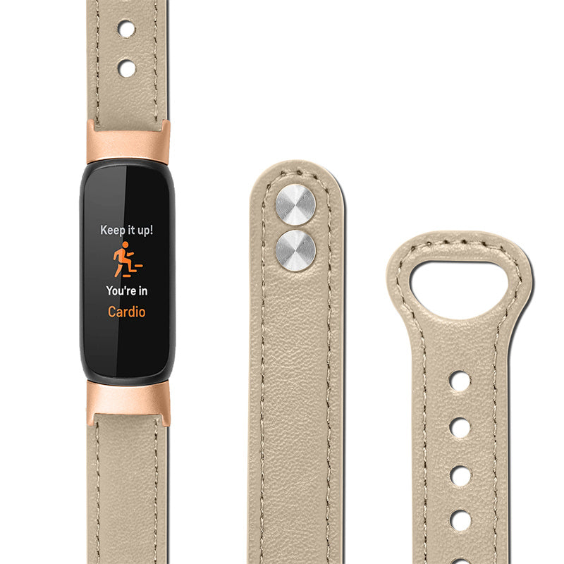 For Fitbit Luxe Smart Watch Adjustable Top Layer Cowhide Strap Replacement Wrist Band with Double Rivet Rose Gold Connector