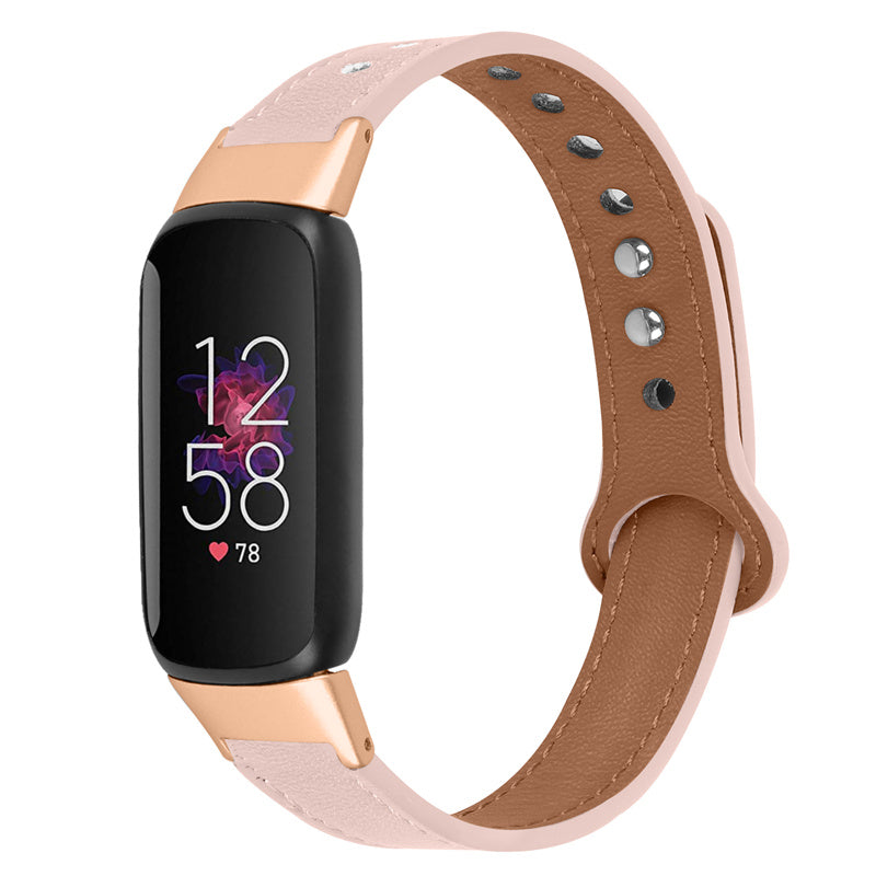 For Fitbit Luxe Smart Watch Adjustable Top Layer Cowhide Strap Replacement Wrist Band with Double Rivet Rose Gold Connector