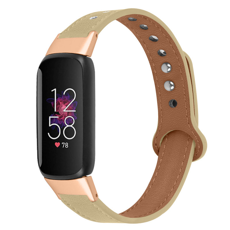 For Fitbit Luxe Smart Watch Adjustable Top Layer Cowhide Strap Replacement Wrist Band with Double Rivet Rose Gold Connector