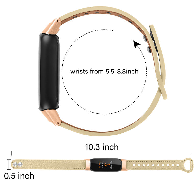 For Fitbit Luxe Smart Watch Adjustable Top Layer Cowhide Strap Replacement Wrist Band with Double Rivet Rose Gold Connector