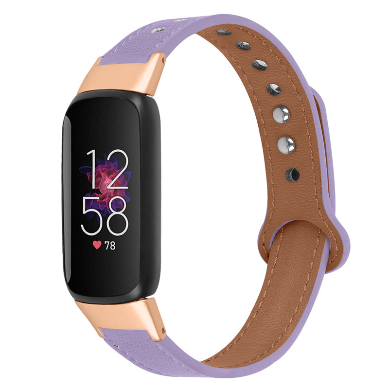 For Fitbit Luxe Smart Watch Adjustable Top Layer Cowhide Strap Replacement Wrist Band with Double Rivet Rose Gold Connector