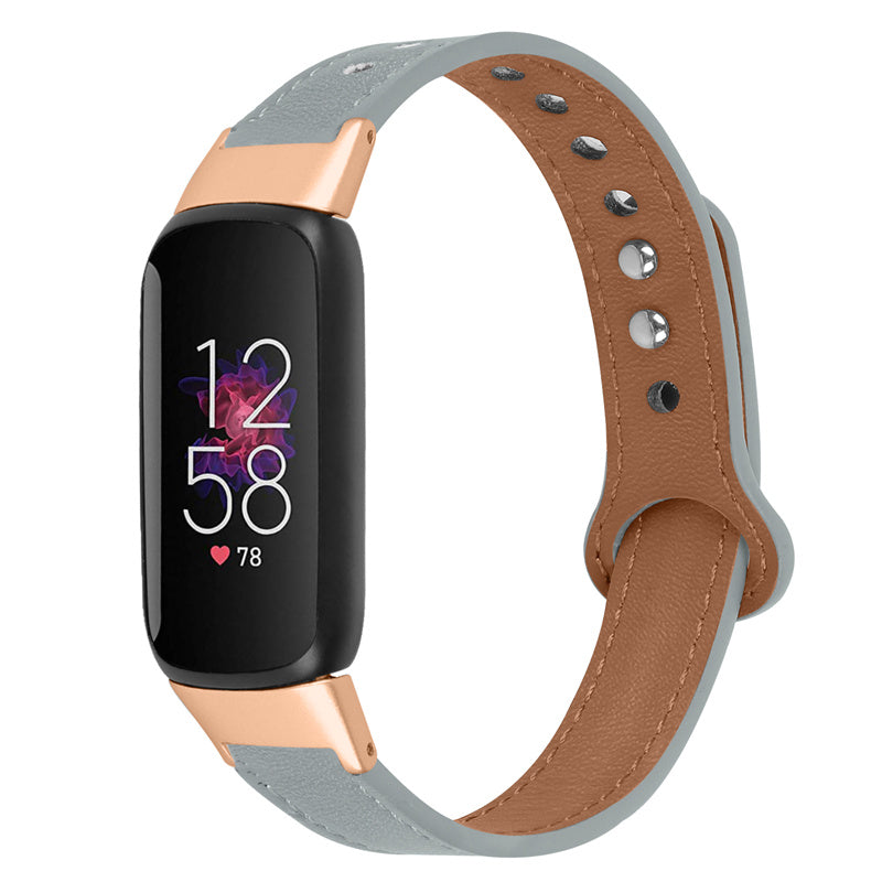 For Fitbit Luxe Smart Watch Adjustable Top Layer Cowhide Strap Replacement Wrist Band with Double Rivet Rose Gold Connector