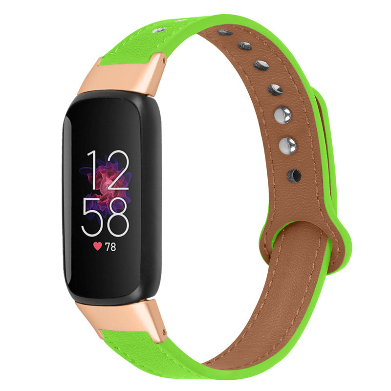 For Fitbit Luxe Smart Watch Adjustable Top Layer Cowhide Strap Replacement Wrist Band with Double Rivet Rose Gold Connector