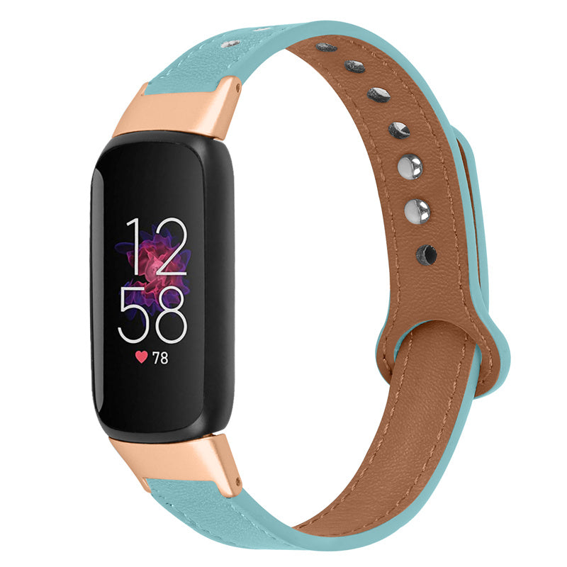 For Fitbit Luxe Smart Watch Adjustable Top Layer Cowhide Strap Replacement Wrist Band with Double Rivet Rose Gold Connector