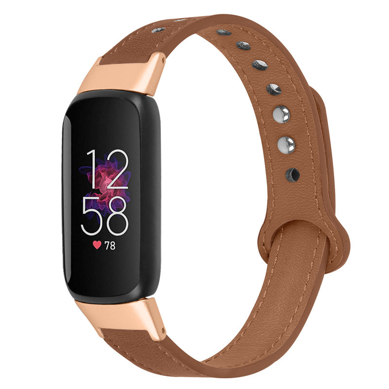 For Fitbit Luxe Smart Watch Adjustable Top Layer Cowhide Strap Replacement Wrist Band with Double Rivet Rose Gold Connector
