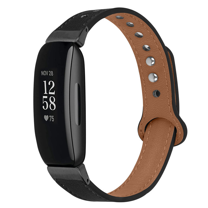 For Fitbit Inspire Inspire HR Inspire 2 Ace 2 Genuine Cowhide Leather Watch Band Double Snap Button Wrist Strap Replacement Black Connector