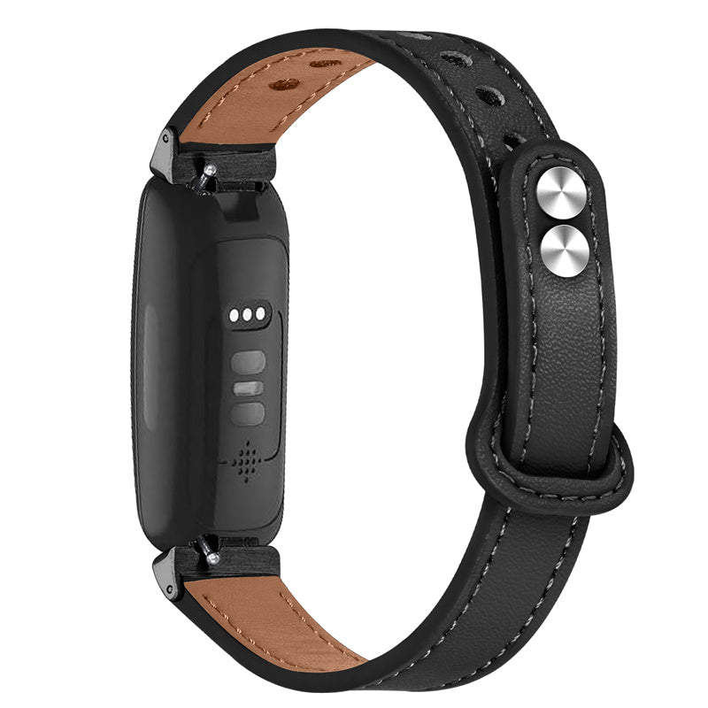 For Fitbit Inspire Inspire HR Inspire 2 Ace 2 Genuine Cowhide Leather Watch Band Double Snap Button Wrist Strap Replacement Black Connector