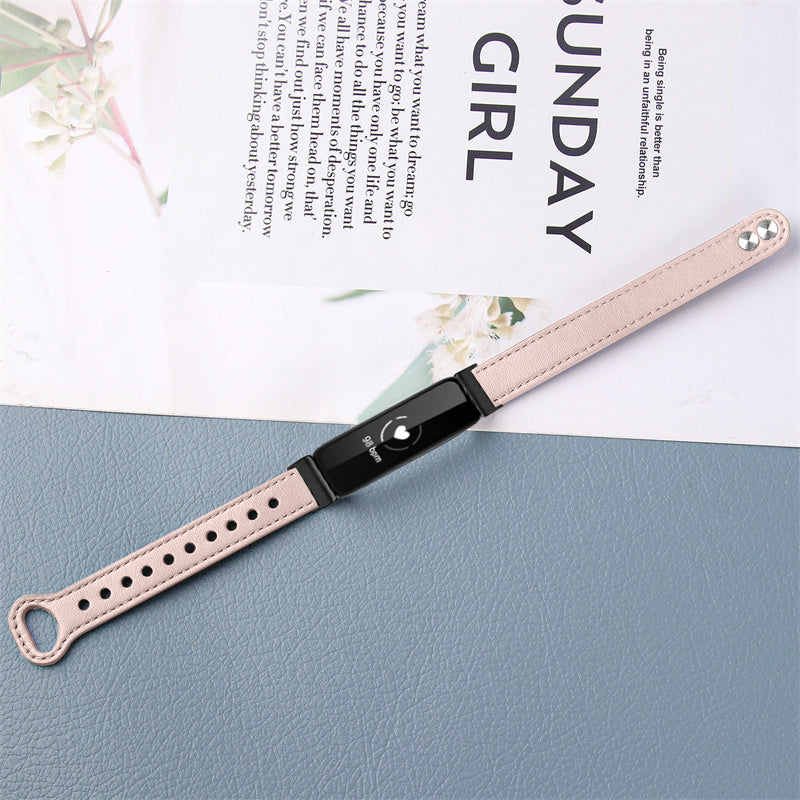 For Fitbit Inspire Inspire HR Inspire 2 Ace 2 Genuine Cowhide Leather Watch Band Double Snap Button Wrist Strap Replacement Black Connector