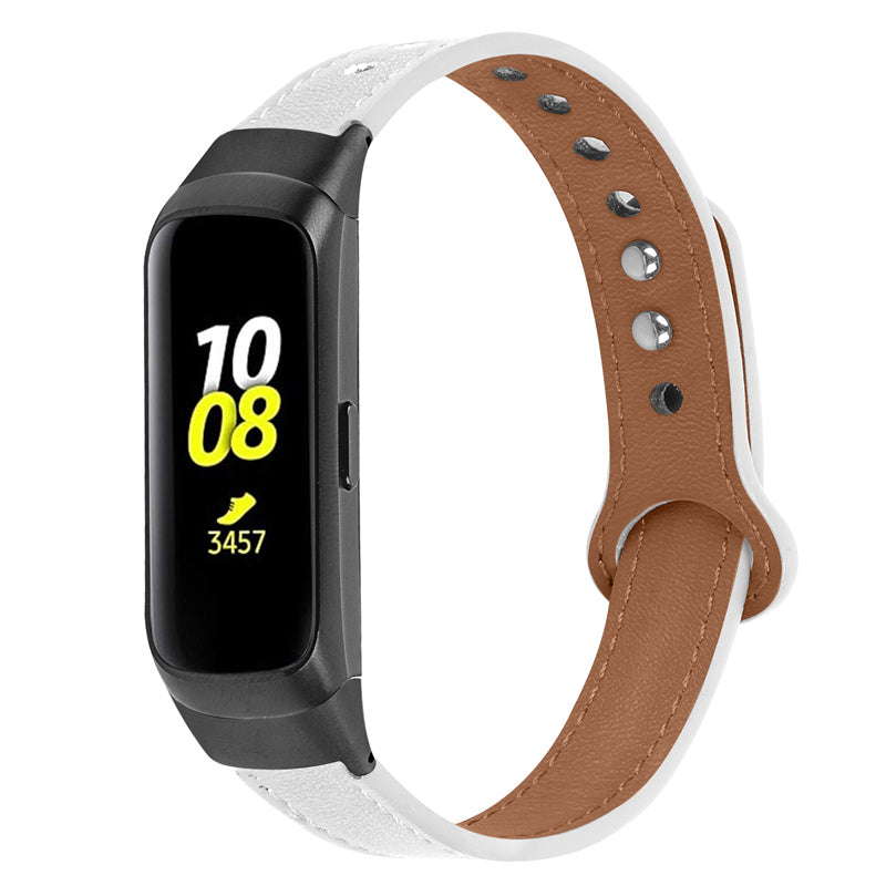 For Samsung Galaxy Fit SM-R370 Soft Top Layer Cowhide Watch Strap Double Rivet Design Wrist Band Black Connector