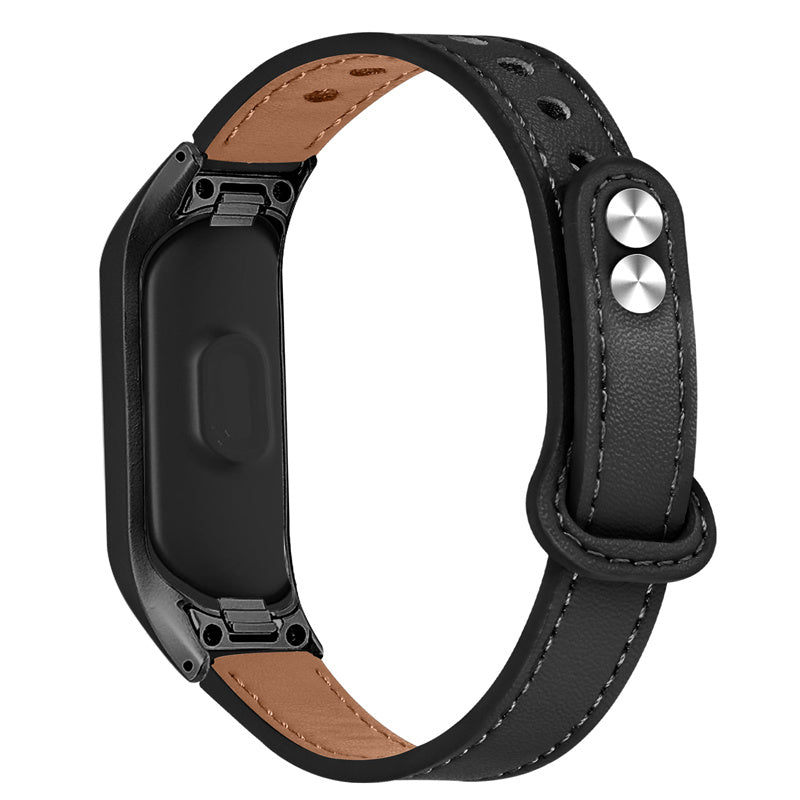 For Samsung Galaxy Fit SM-R370 Soft Top Layer Cowhide Watch Strap Double Rivet Design Wrist Band Black Connector