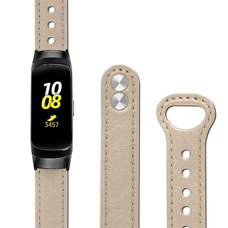 For Samsung Galaxy Fit SM-R370 Soft Top Layer Cowhide Watch Strap Double Rivet Design Wrist Band Black Connector