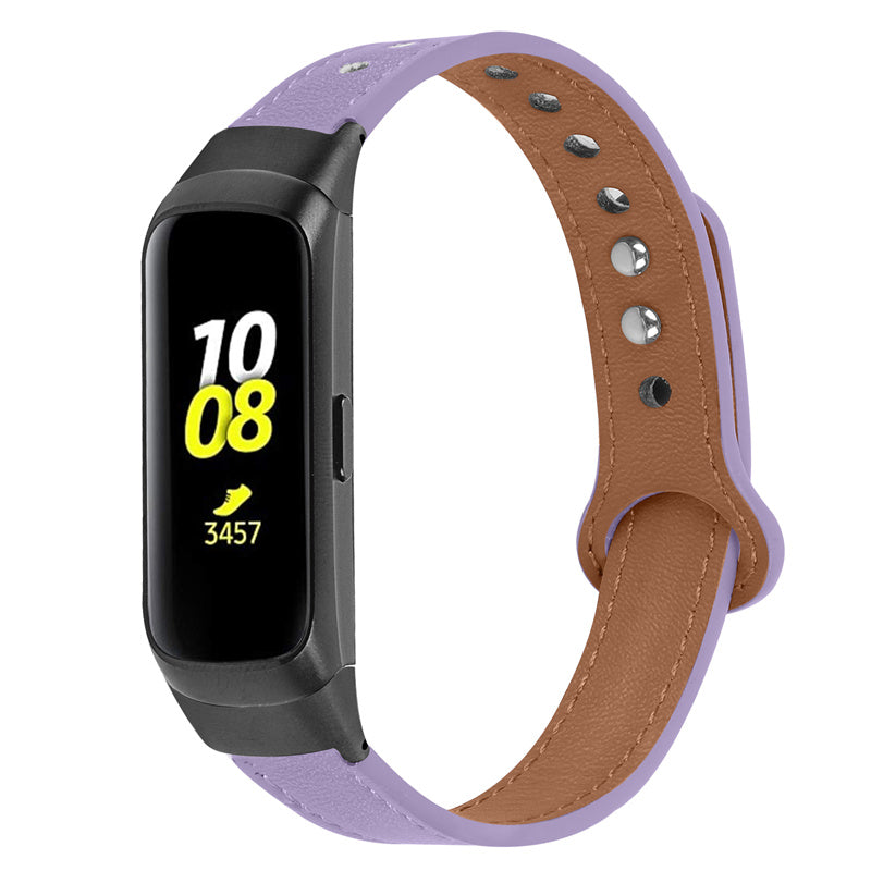 For Samsung Galaxy Fit SM-R370 Soft Top Layer Cowhide Watch Strap Double Rivet Design Wrist Band Black Connector