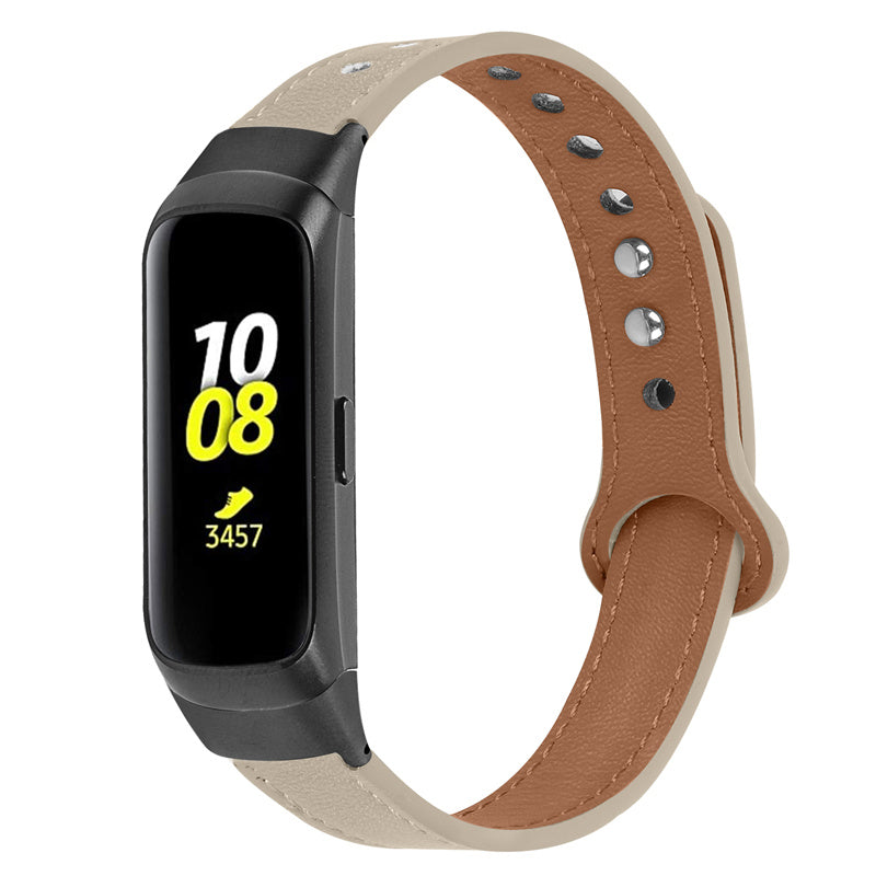For Samsung Galaxy Fit SM-R370 Soft Top Layer Cowhide Watch Strap Double Rivet Design Wrist Band Black Connector