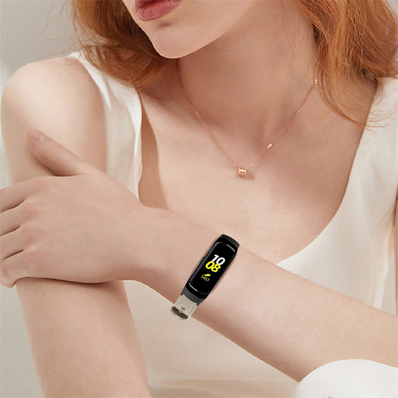For Samsung Galaxy Fit SM-R370 Soft Top Layer Cowhide Watch Strap Double Rivet Design Wrist Band Black Connector