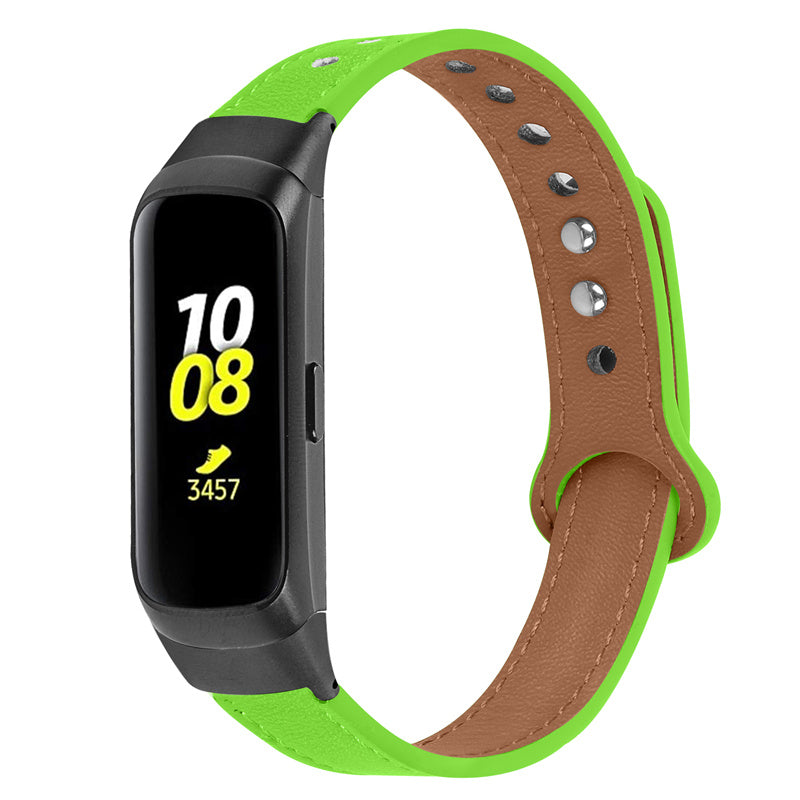 For Samsung Galaxy Fit SM-R370 Soft Top Layer Cowhide Watch Strap Double Rivet Design Wrist Band Black Connector