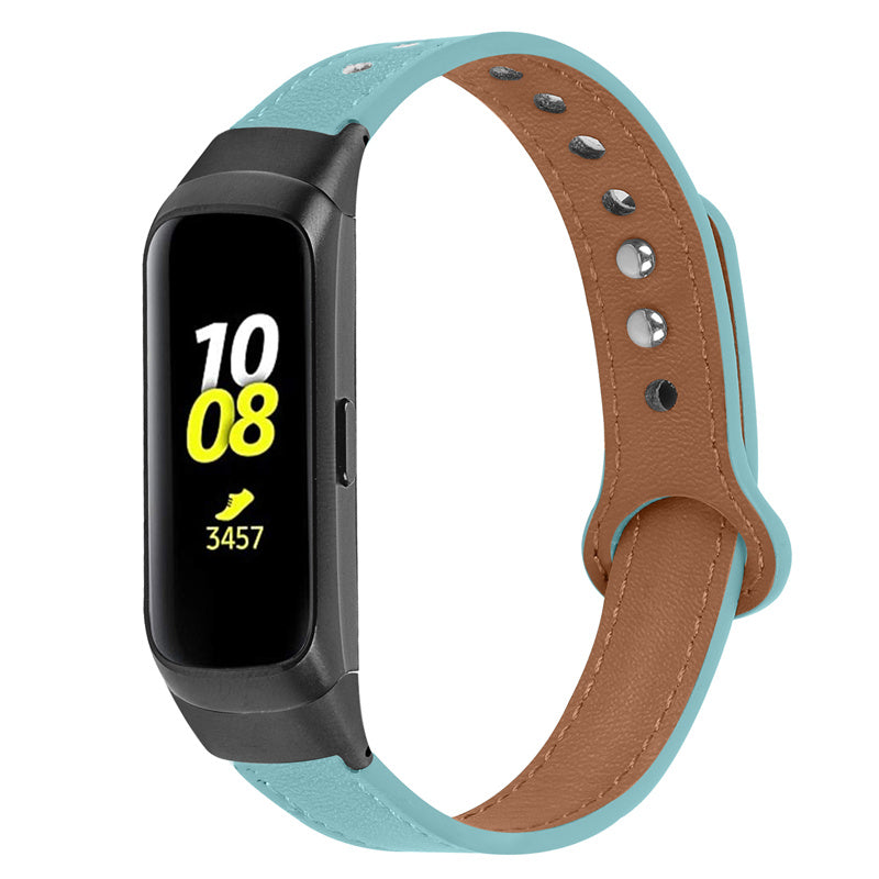For Samsung Galaxy Fit SM-R370 Soft Top Layer Cowhide Watch Strap Double Rivet Design Wrist Band Black Connector