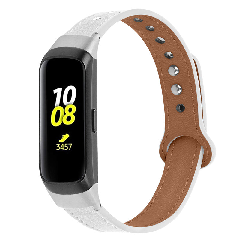 For Samsung Galaxy Fit SM-R370 Genuine Cowhide Leather Watch Band Wrist Strap with Double Snap Button Silver Connector