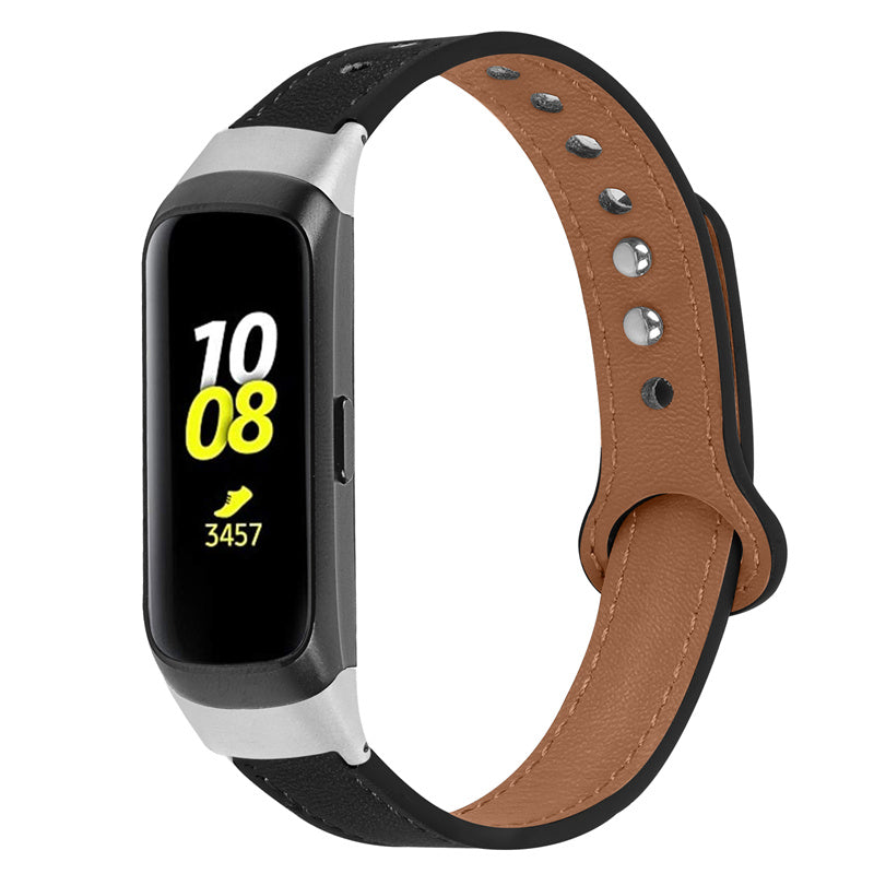 For Samsung Galaxy Fit SM-R370 Genuine Cowhide Leather Watch Band Wrist Strap with Double Snap Button Silver Connector