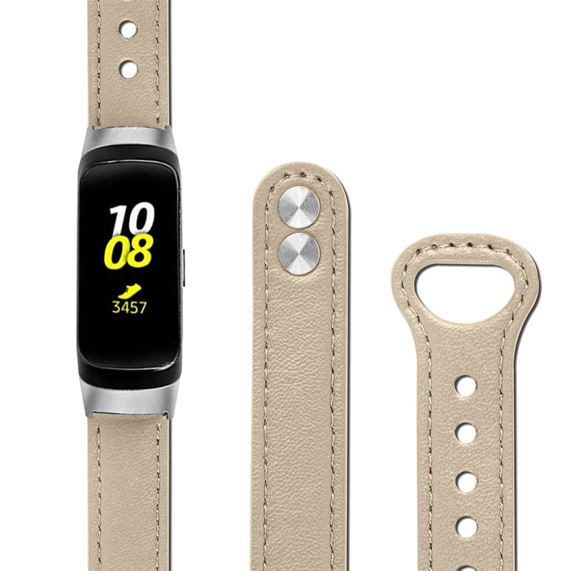 For Samsung Galaxy Fit SM-R370 Genuine Cowhide Leather Watch Band Wrist Strap with Double Snap Button Silver Connector