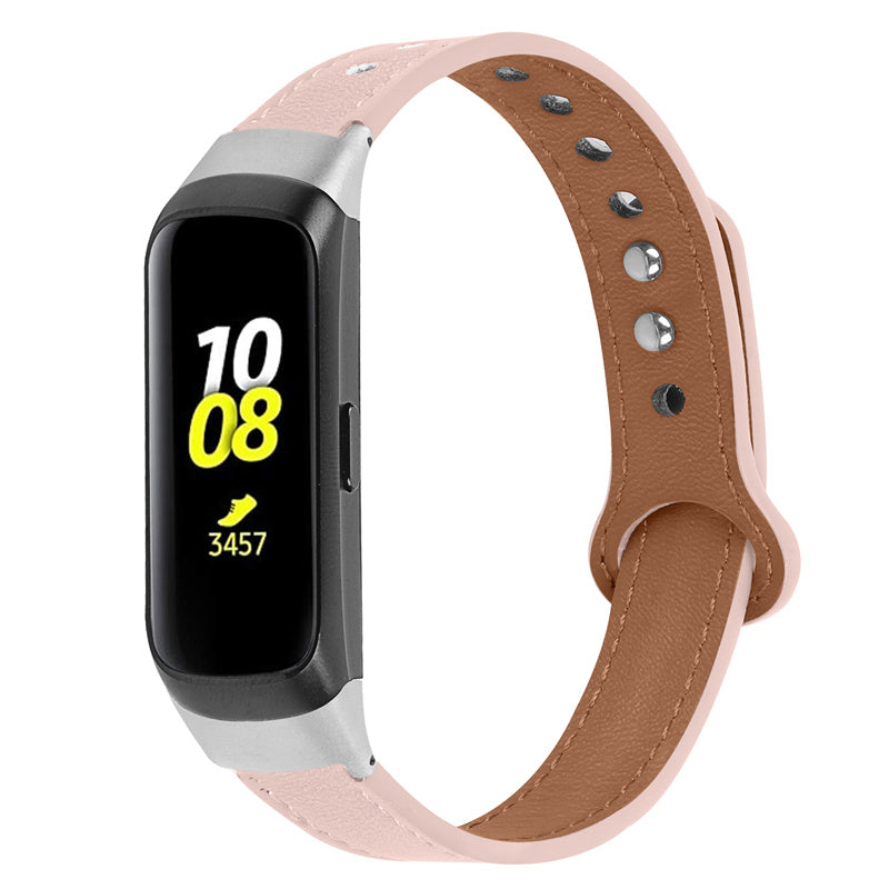 For Samsung Galaxy Fit SM-R370 Genuine Cowhide Leather Watch Band Wrist Strap with Double Snap Button Silver Connector