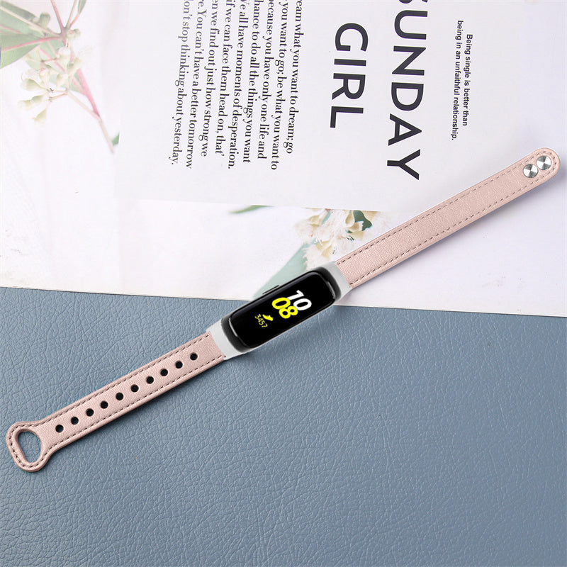 For Samsung Galaxy Fit SM-R370 Genuine Cowhide Leather Watch Band Wrist Strap with Double Snap Button Silver Connector
