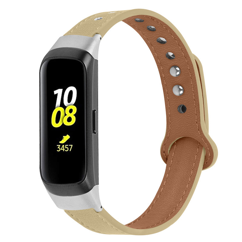 For Samsung Galaxy Fit SM-R370 Genuine Cowhide Leather Watch Band Wrist Strap with Double Snap Button Silver Connector