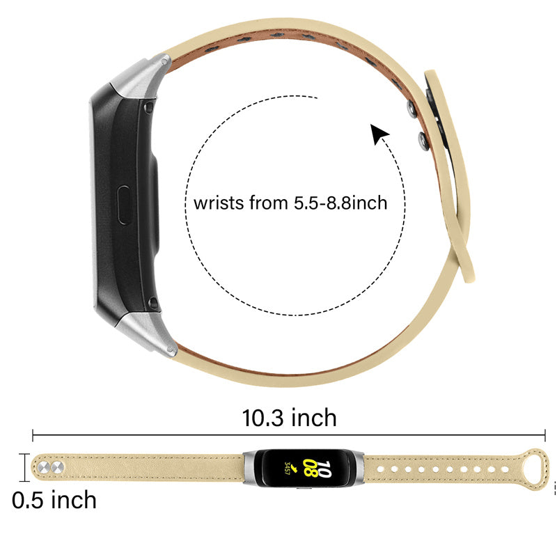 For Samsung Galaxy Fit SM-R370 Genuine Cowhide Leather Watch Band Wrist Strap with Double Snap Button Silver Connector