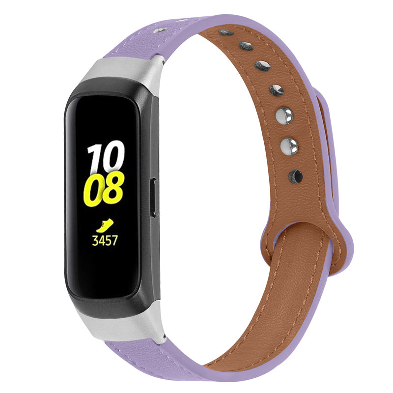 For Samsung Galaxy Fit SM-R370 Genuine Cowhide Leather Watch Band Wrist Strap with Double Snap Button Silver Connector
