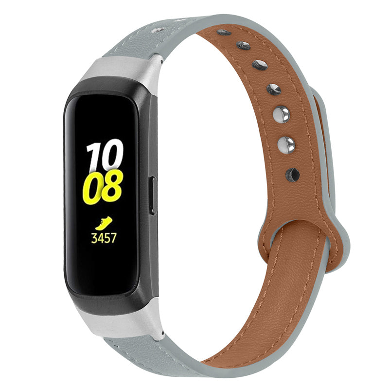 For Samsung Galaxy Fit SM-R370 Genuine Cowhide Leather Watch Band Wrist Strap with Double Snap Button Silver Connector