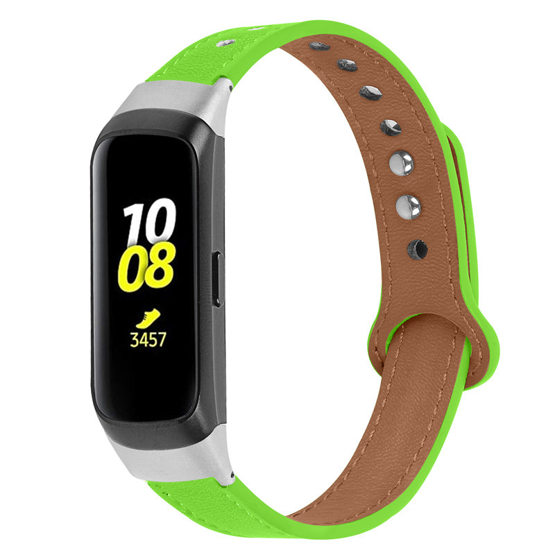 For Samsung Galaxy Fit SM-R370 Genuine Cowhide Leather Watch Band Wrist Strap with Double Snap Button Silver Connector