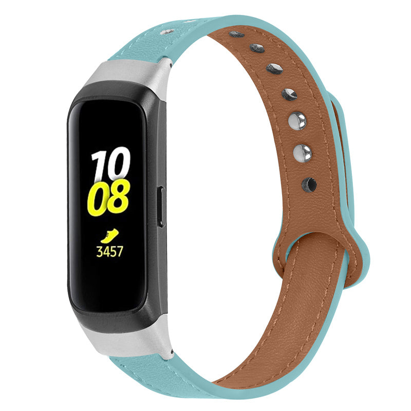 For Samsung Galaxy Fit SM-R370 Genuine Cowhide Leather Watch Band Wrist Strap with Double Snap Button Silver Connector