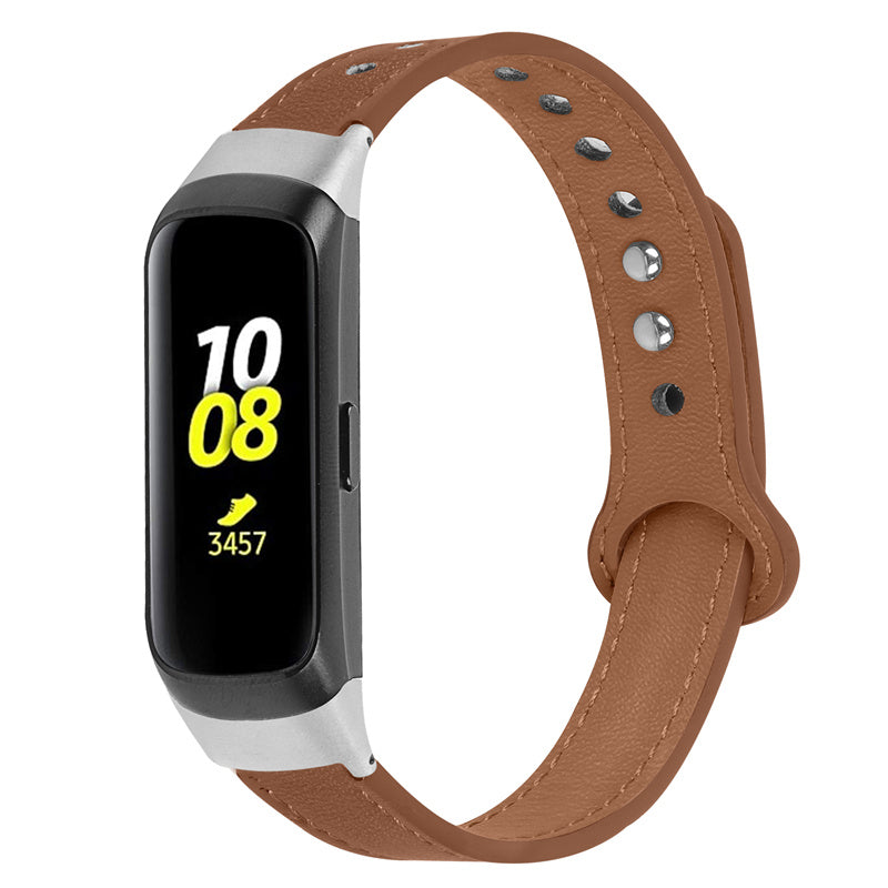 For Samsung Galaxy Fit SM-R370 Genuine Cowhide Leather Watch Band Wrist Strap with Double Snap Button Silver Connector