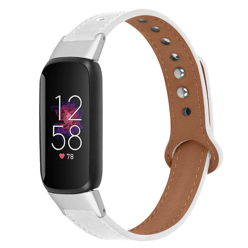Replacement Wrist Band for Fitbit Luxe Smart Watch Adjustable Top Layer Cowhide Strap with Double Rivet Silver Connector