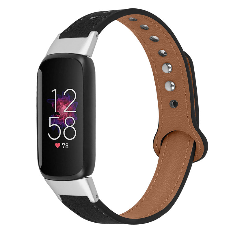 Replacement Wrist Band for Fitbit Luxe Smart Watch Adjustable Top Layer Cowhide Strap with Double Rivet Silver Connector