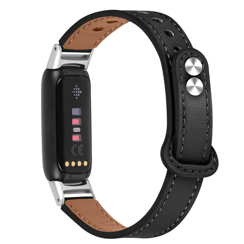 Replacement Wrist Band for Fitbit Luxe Smart Watch Adjustable Top Layer Cowhide Strap with Double Rivet Silver Connector