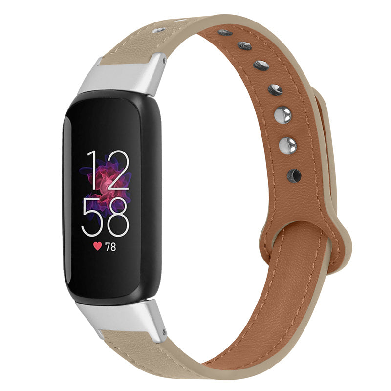 Replacement Wrist Band for Fitbit Luxe Smart Watch Adjustable Top Layer Cowhide Strap with Double Rivet Silver Connector
