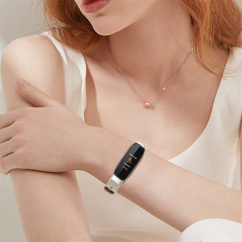 Replacement Wrist Band for Fitbit Luxe Smart Watch Adjustable Top Layer Cowhide Strap with Double Rivet Silver Connector