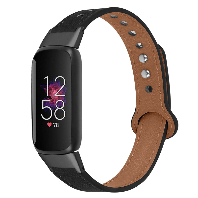 For Fitbit Luxe Soft Top Layer Cowhide Watch Strap Replacement Wrist Band with Double Rivet Black Connector