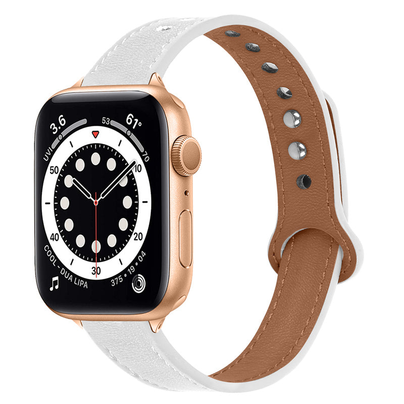 For Apple Watch Series 8 41mm Series 7 41mm Series 6 5 4 SE SE(2022) 40mm Series 3 2 1 38mm Genuine Cowhide Leather Watch Band Double Rivet Adjustable Replacement Strap with Rose Gold Connector