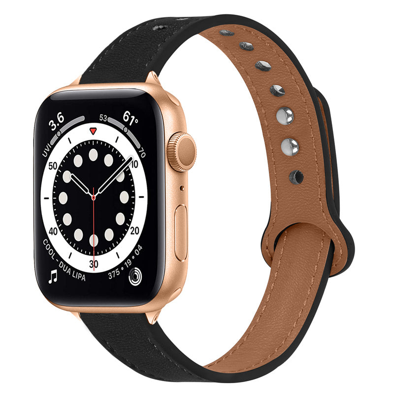 For Apple Watch Series 8 41mm Series 7 41mm Series 6 5 4 SE SE(2022) 40mm Series 3 2 1 38mm Genuine Cowhide Leather Watch Band Double Rivet Adjustable Replacement Strap with Rose Gold Connector