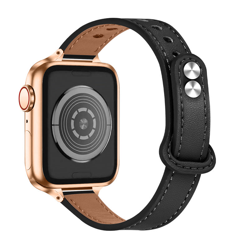 For Apple Watch Series 8 41mm Series 7 41mm Series 6 5 4 SE SE(2022) 40mm Series 3 2 1 38mm Genuine Cowhide Leather Watch Band Double Rivet Adjustable Replacement Strap with Rose Gold Connector