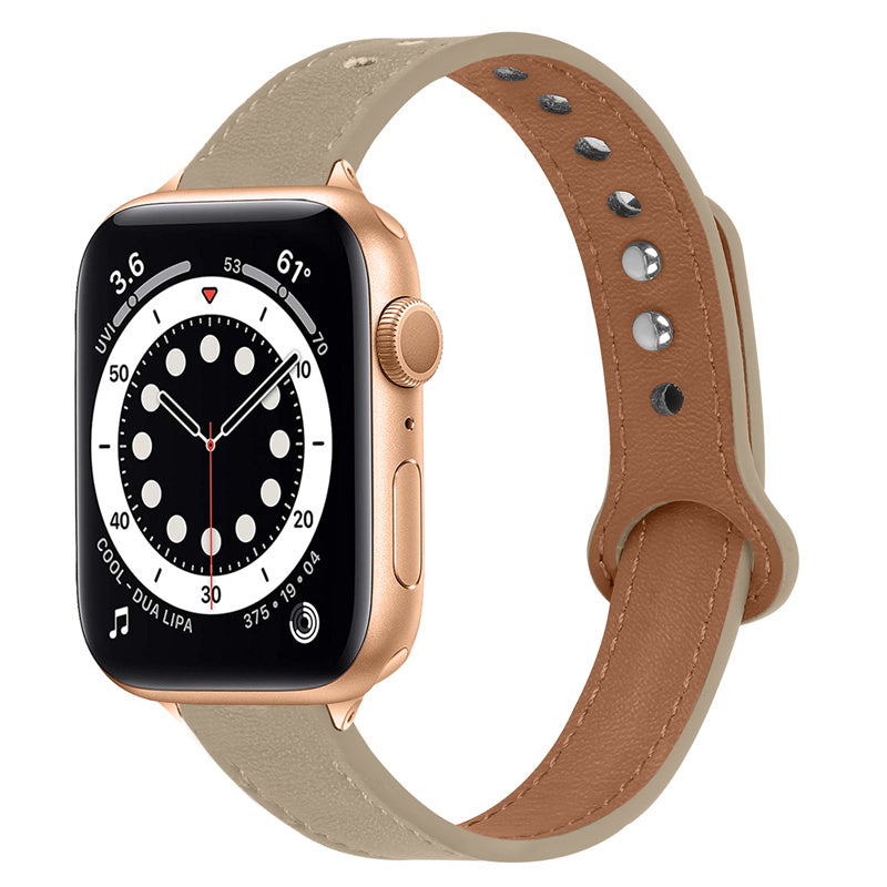 For Apple Watch Series 8 41mm Series 7 41mm Series 6 5 4 SE SE(2022) 40mm Series 3 2 1 38mm Genuine Cowhide Leather Watch Band Double Rivet Adjustable Replacement Strap with Rose Gold Connector
