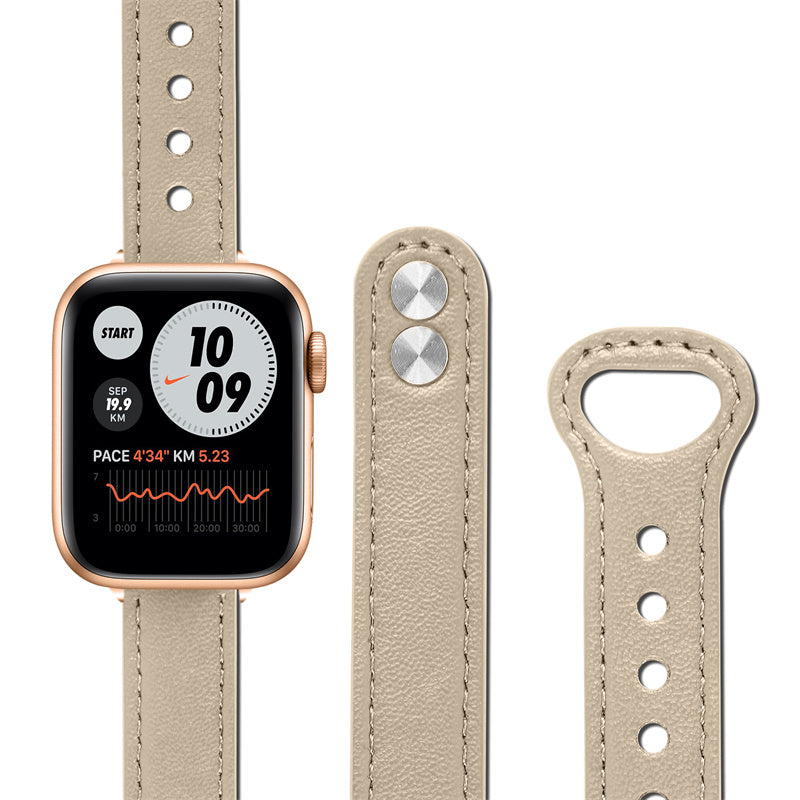 For Apple Watch Series 8 41mm Series 7 41mm Series 6 5 4 SE SE(2022) 40mm Series 3 2 1 38mm Genuine Cowhide Leather Watch Band Double Rivet Adjustable Replacement Strap with Rose Gold Connector